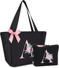 Vavabox Tote Bag, A-Z Initial Monogrammed Waterproof Tote Bag, Bridesmaid Gifts for Women, Black and Pink