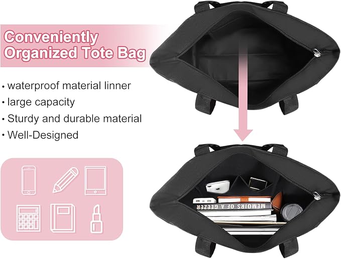 Vavabox Tote Bag, A-Z Initial Monogrammed Waterproof Tote Bag, Bridesmaid Gifts for Women, Black and Pink