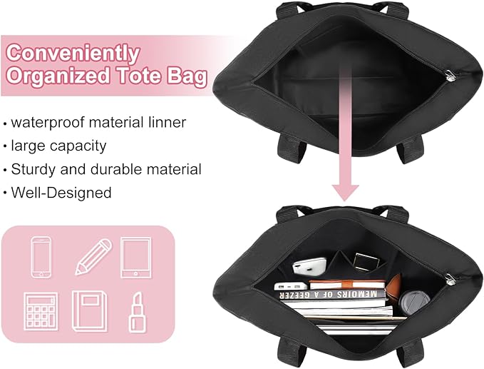 Vavabox Tote Bag, A-Z Initial Monogrammed Waterproof Tote Bag, Bridesmaid Gifts for Women, Black and Pink