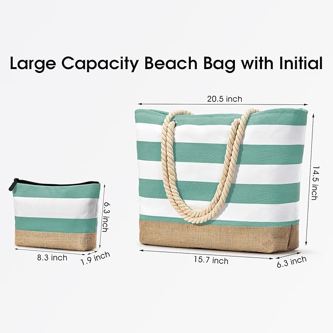 Becokan Beach Bag Initial Beach Tote with Makeup Bag for Travel Work Storage Personalized Birthday Gifts for Women Her
