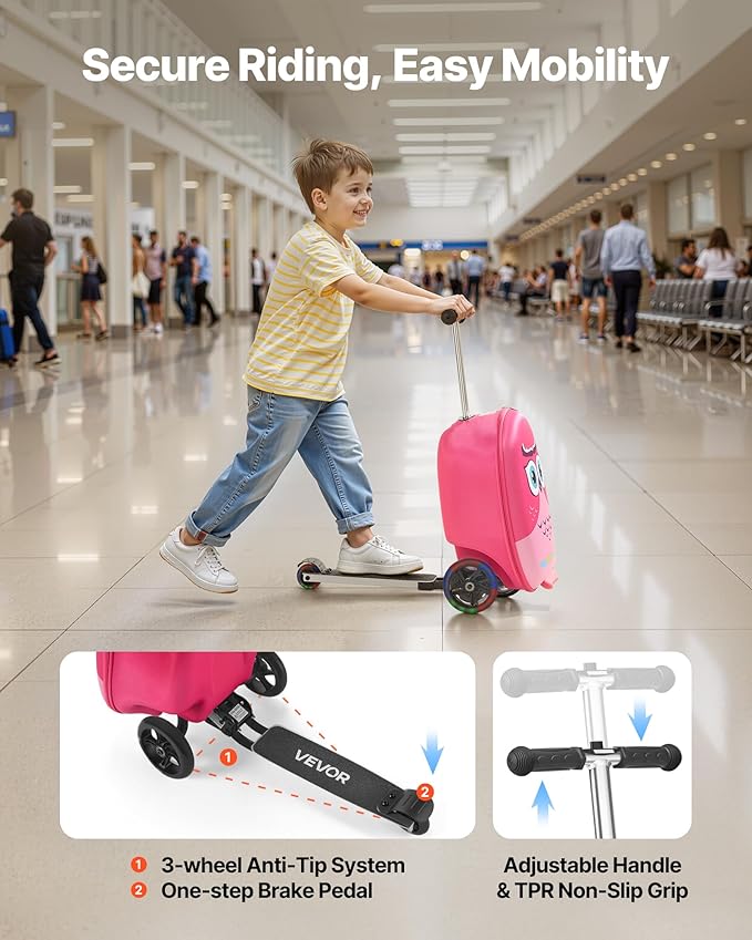 VEVOR Ride-on Luggage, 20 L Capacity, 20 Inches Kids Scooter Suitcase with Flash PU Wheels, Adjustable Handle & TPR Non-Slip Grip, Foldable & Lightweight Scooter Luggage for Kids Aged 5+, Pink