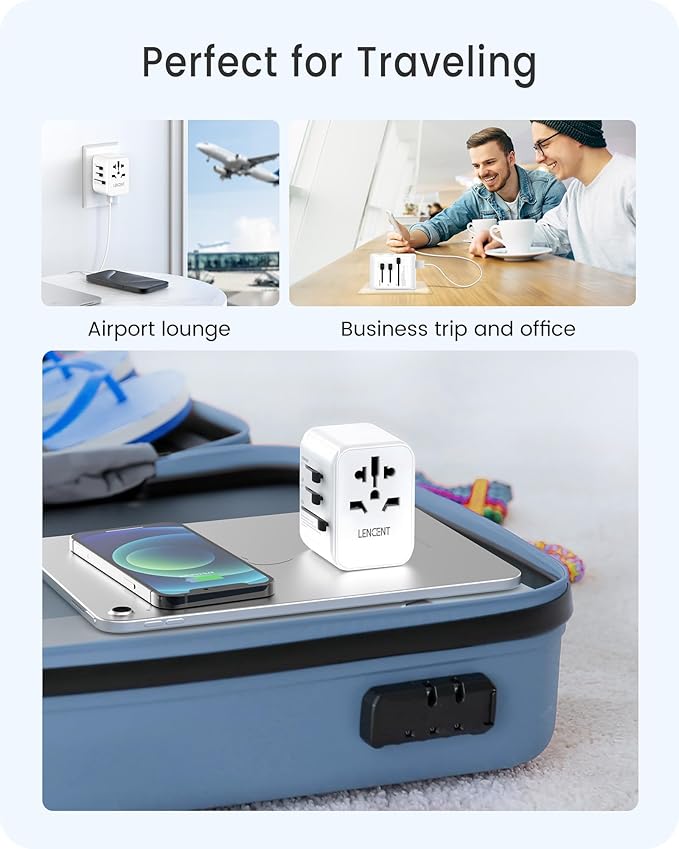LENCENT Universal Travel Adapter, GaN III 30W International Charger with 2 USB&3 Type-C PD Fast Charging Ports, Worldwide Plug Adaptor for iPhone, Laptops, Type A/C/G/I (USA/UK/EU/AUS), White