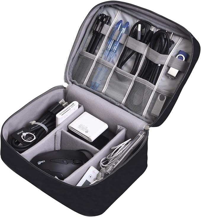 Cable Organizer bag for women or men,Electronic Accessories Carry Case Portable Waterproof Double Layers All-in-One Storage Bag for Cord, Charger, Phone, Earphone (Black)