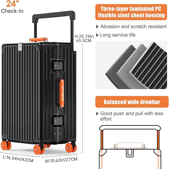 Aluminium Frame Checked-Luggage with Smooth Jelly Wheels, Hardside Zipperless Rolling Suitcase with TSA Lock (BlackOrange, 24-Inch)