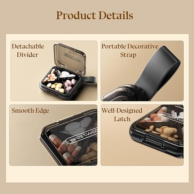1 Pack Purple Pill Organizer with Strap, 4 Compartments, Compact Travel Pill Box Case, Portable and Moistureproof to Store Vitamins, Medication and Supplements