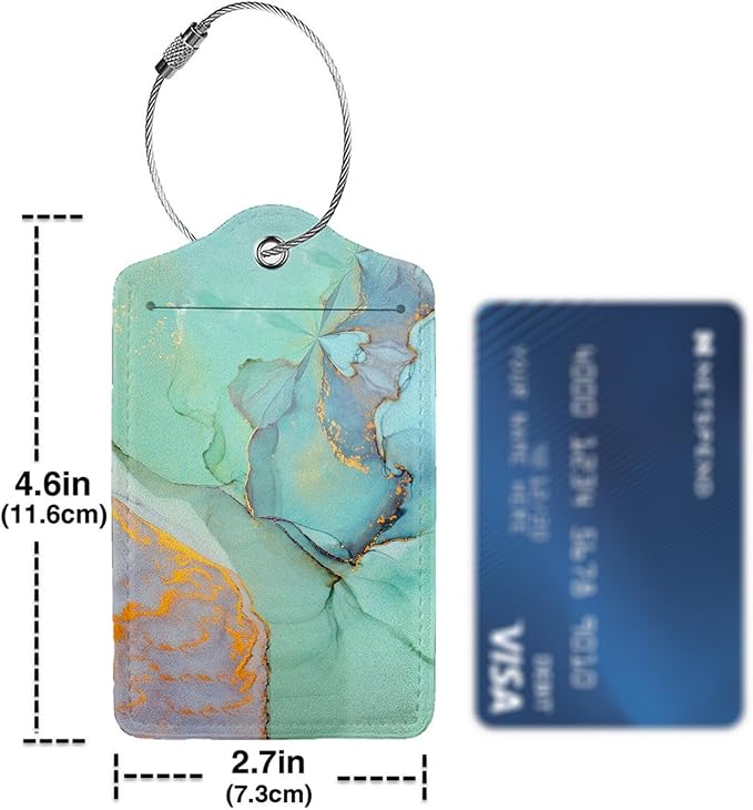 Green Gold Marble 2-Pcs Premium Leather Tags with Privacy Covers,Luggage Tag Stainless Steel Loops Ideal for Suitcases, Travel Bags, Backpacks