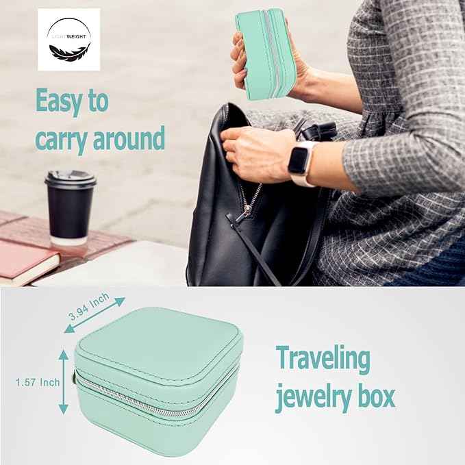 PU Leather Travel Small Portable Mini Travel Jewelry Organizer for Rings Necklaces Earrings and Lipstick Green