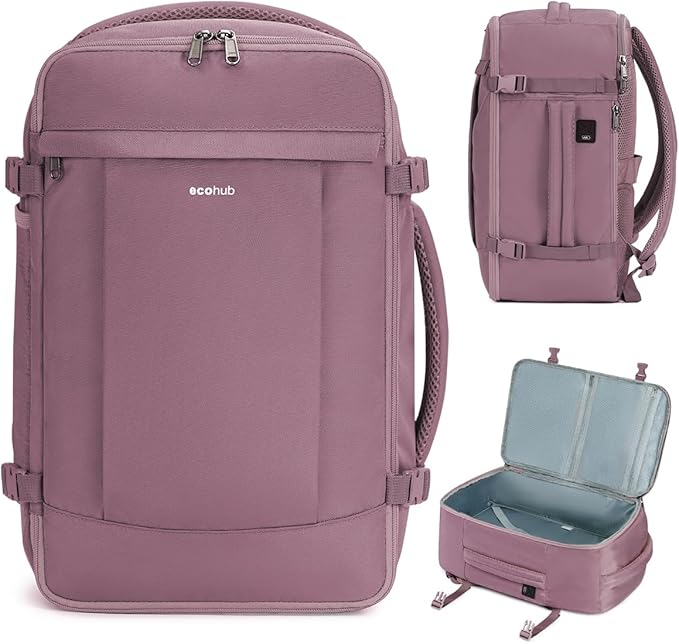 ECOHUB Travel Backpack for Women, Carry on Backpack with USB Charging Hole, Spirit Airlines Personal Item Bag Flight Approved, 15.6 Inch Laptop Backpack with Anti Theft Pockets, 30L, Pink