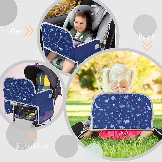 MENZOKE Kids Travel Tray, Car Seat Tray with Educational Drawing Board, Tablet Holder & Cooler Cup Holder,Essential for Car Travel & Holiday Gifts, Dinosaur Print Pattern, Dark Blue