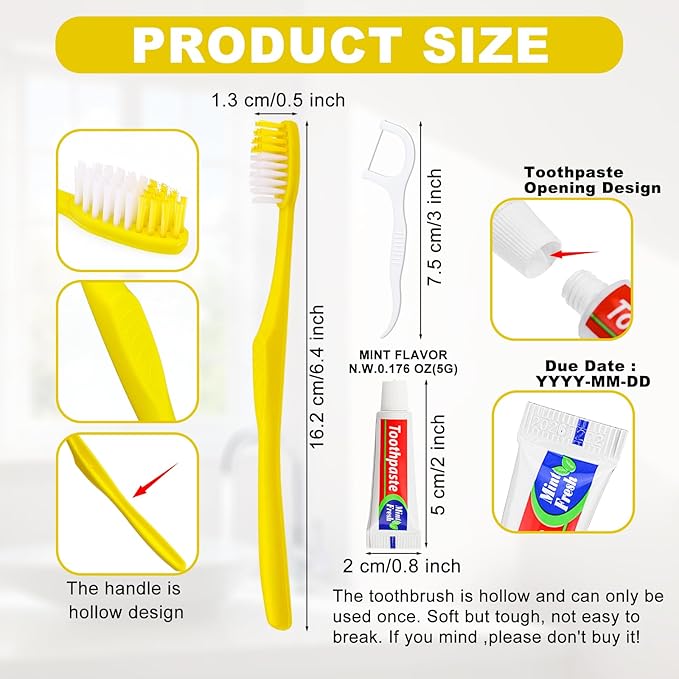 200pcs Disposable Toothbrushes with Toothpaste and Floss,Yellow Bulk Single Use Toothbrush Floss Pick Individually Wrapped Disposable Travel Toothbrushes Kit for Homeless,Airbnb,Hotel,Guest