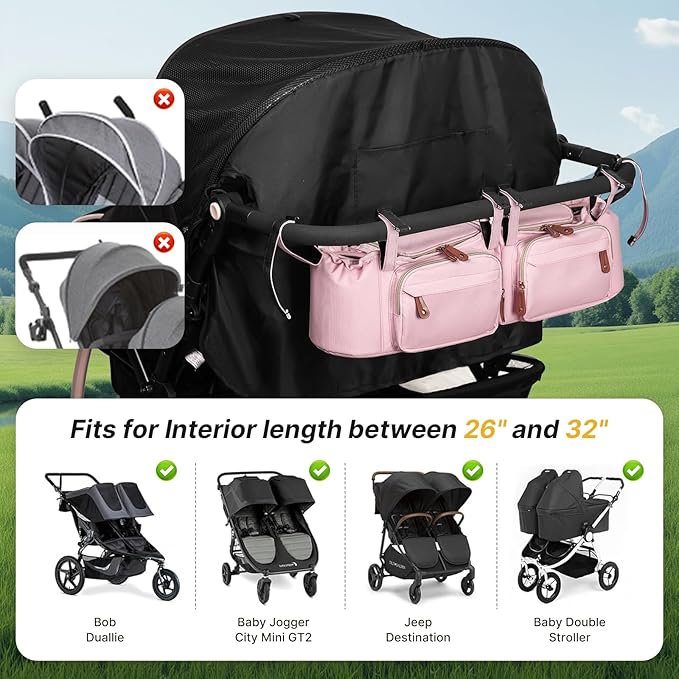 Double Stroller Organizer for Bob Duallie and Baby Jogger City Mini GT2, Double Stroller Caddy Organizers with Cup Holder and 2 Cooler Pockets Parent Console Double Stroller Accessories