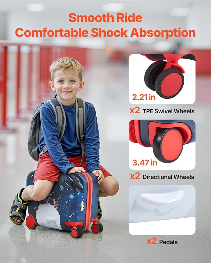 VEVOR Ride-on Luggage, 26 L Capacity, 18 Inches Tow Along Toddler Carry on Luggage with Wheels, Adjustable Shoulder Strap, Lightweight Kids Riding Suitcase for Boys & Girls Aged 3+, Blue & White