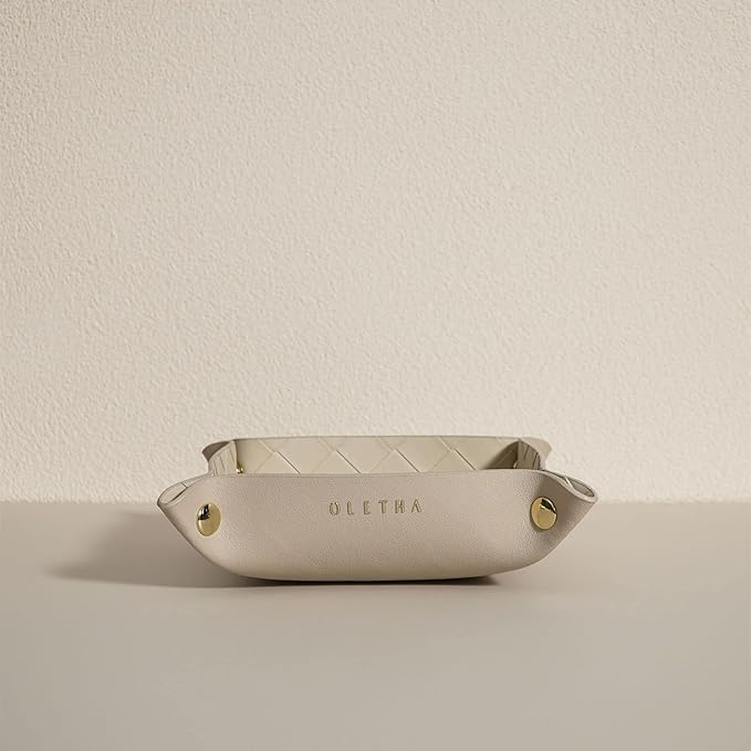 OLETHA Small Foldable Valet Tray - Aesthetic Desk Organizer for Home, Office & Travel - Portable Catch All Bowl for Keys, Jewelry & Essentials - Woven Textured, Beige