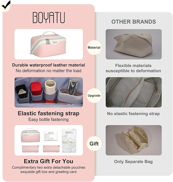 BOYATU Travel Makeup Bag Organizer Cosmetic Bag: 3 Pcs Set Make up Bags for Women with Handle - Waterproof Vegan Leather Toiletry Bags with Comparments (D-04-Pink)