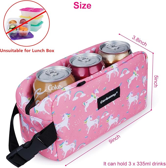 Cerbonny Small Insulated Cooler Bag (Pink Unicorn), 2.2L Meal Holder for Work, School, Travel, Picnic - Freezable Lunch Bag with Detachable Gel Packs, Fits Yogurt, Snacks, Breast Milk