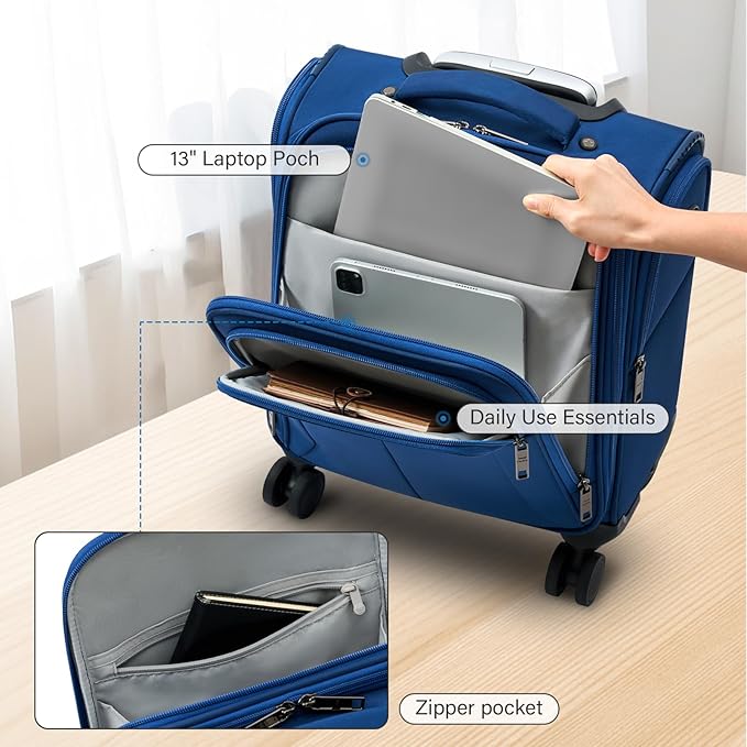 16 Inch Underseat Carry On Luggage with Wheels Softside Small Suitcases Personal Item Bag with Pocket Travel Luggage for Men Women Business Overnight Bag(Blue)