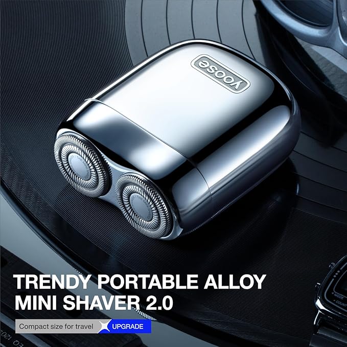 yoose Mini Shaver, Portable Alloy Electric Shaver for Men, Cordless Travel Shavers, Dry Shave, USB-C Rechargeable Electric Razor, IPX7 Waterproof, Easy Cleaning, Battery Indicator, Silver