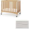 Foundations Compact Travel Sleeper Folding Hotel Crib and Sheet Bundle - Includes Natural Wooden Mini Crib with 2" Foam Mattress and 6-Pack White Fitted Compact Sheets