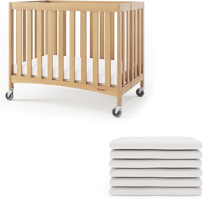 Foundations Compact Travel Sleeper Folding Hotel Crib and Sheet Bundle - Includes Natural Wooden Mini Crib with 2" Foam Mattress and 6-Pack White Fitted Compact Sheets