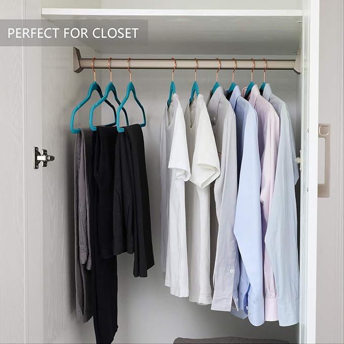 MIZGI Premium Velvet Hangers (50 Pack) Heavy Duty - Non Slip Felt Suit Hanger Teal/Turquoise - Rose Gold Hooks,Space Saving Clothes Hanger