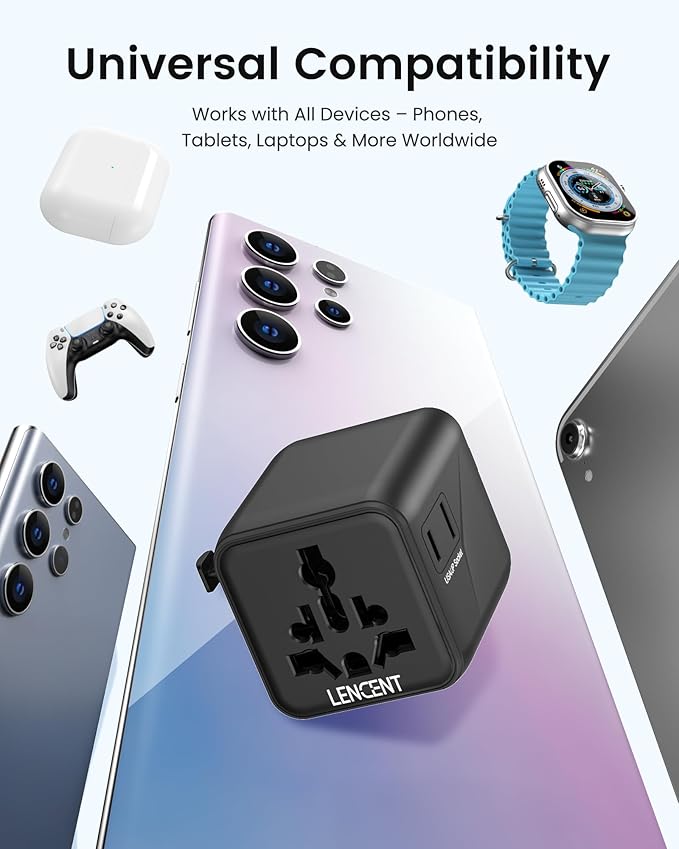 LENCENT Universal Travel Plug Adapter,International Power Adaptor with Dual AC Outlet, Worldwide Wall Charger for US to Europe UK Iceland Spain Italy France Australia(Type C/G/A/I),Black
