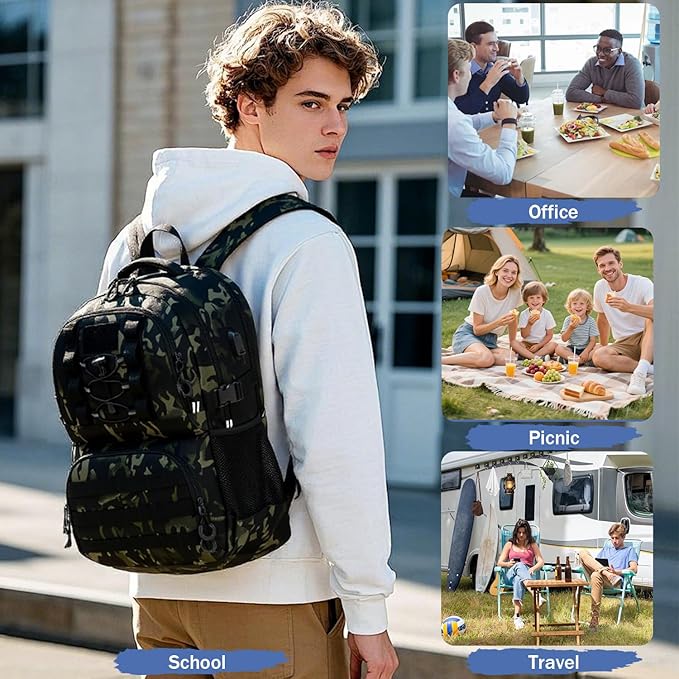 Laptop Lunch Backpack for Men - 40L Large Capacity Work Backpack with Lunch Compartment and USB Post, RFID Insulated Cooler Backpack for Work, Travel, Picnic, Dark Camo