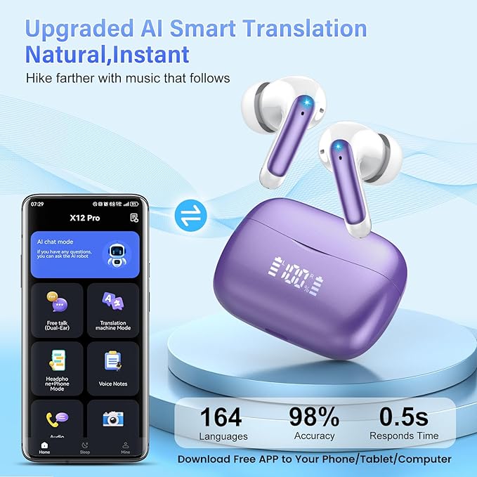 AI Translation Earbuds Real Time with Audio and Video Calls, 164 Language/7 Translation Modes Translator Earbuds Bluetooth 5.4 with APP, 48H AI Ear Buds Translator Device for Business/Learning/Travel