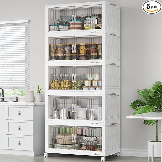 BROVIEW 500Qt Stackable Storage Bins with Lid, Extra Large Closet Organizer Collapsible Drawer Boxes with Wheels, Folding Plastic Cabinet Containers for Home Kitchen Room Organization, 5Pack White