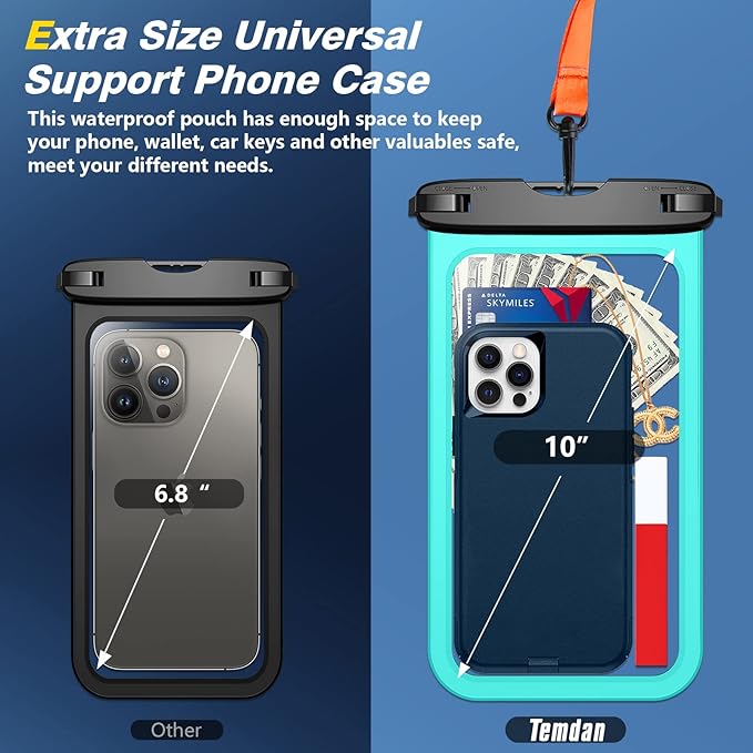 Temdan 2 Pcs Waterproof Phone Pouch, [Up to 10" Large] Universal IPX8 Waterproof Cell Phone Case Dry Bag with Lanyard for iPhone 16 Pro Max/16E/15/14/13,Galaxy S25 Ultra/S24/S23 for Vacation -Green