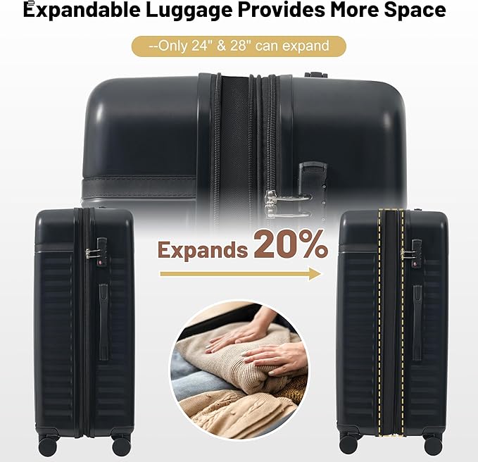 Merax Luggage Sets Front Opening, 2 Piece Hardshell Suitcase with Spinner Wheels and Bags,Lightweight Carry on Luggage with USB Port,20+24,Black