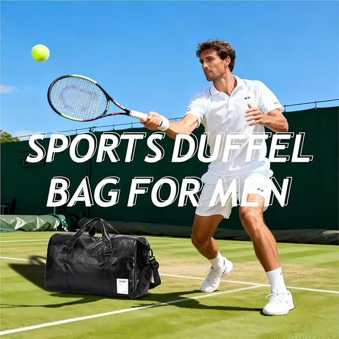 Leather Sports Gym Tote Bag with Shoes Compartment & Wet Pocket, Travel Duffel for Men & Women, Shoulder Weekender Overnight Bag for Yoga, Pilates, Swimming