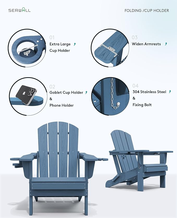 SERWALL Folding Adirondack Chair, HDPE Adirondack Chairs Set of 8, Plastic Outdoor Chairs- Looks Exactly Like Real Wood- Navy