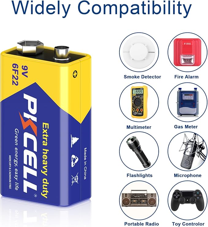 PKCELL 9V Battery Carbon Zinc for Smoke Detectors 6F22 Battery, 10-Year Shelf Life，Ultra Long-Lasting(2 Count)