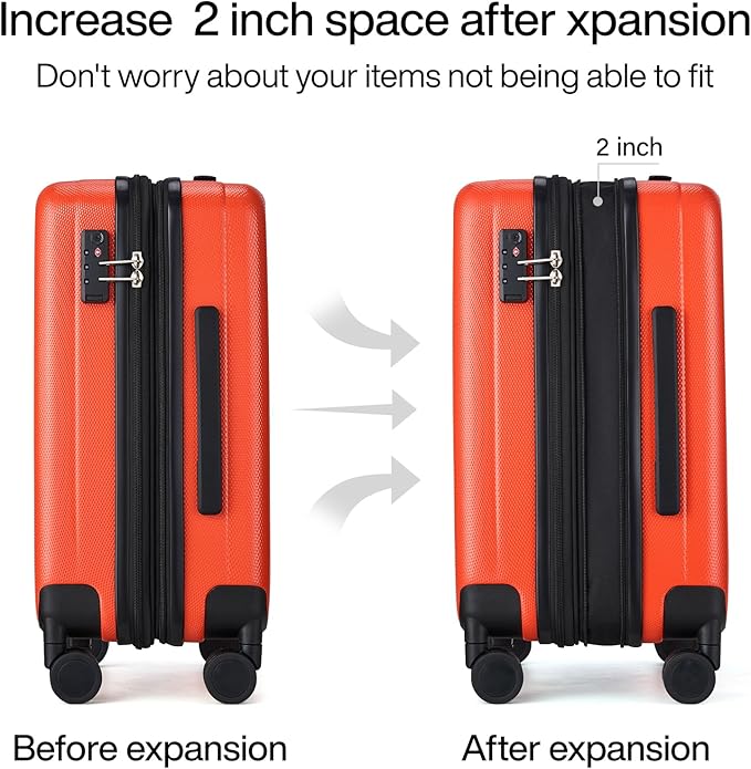 Hanke 24 Inch Expandable Checked Luggage Lightweight PC Hard Case Luggage Suitcases with Wheels TSA Luggage Rolling Large Suitcase Travel Luggage Bag for Go to University(Orange)