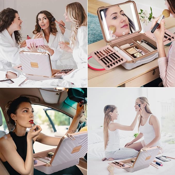 Mocado Travel Makeup Case with Lighted Mirror, 8 Makeup Brushes & 10x Magnifying Mirror, Cosmetic Case with Adjustable Brightness, White