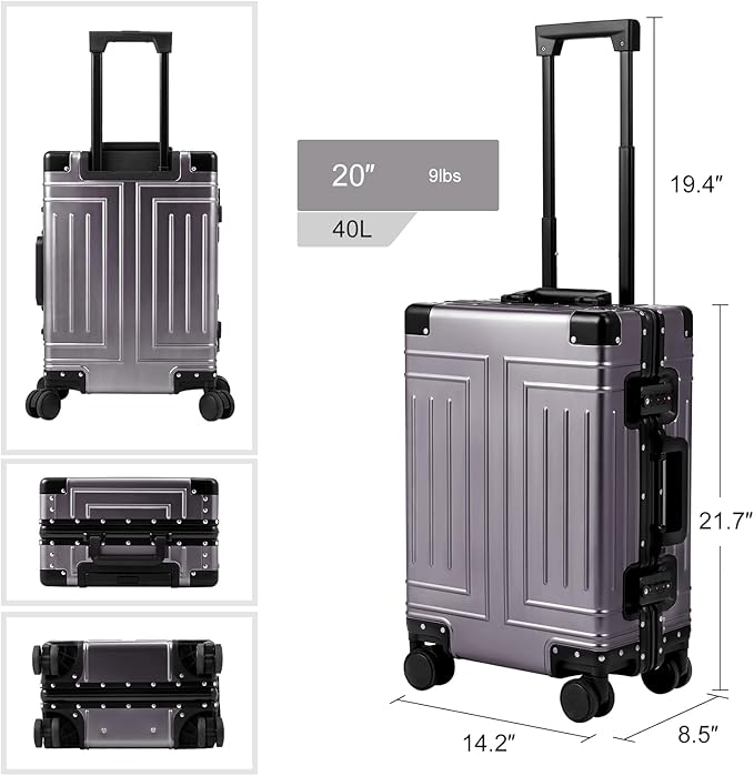All Aluminum Magnesium Carry On Luggage，Cut from Whole Aluminum Sheet，22x14x9 Airline Approved ，（3rd Generation，Premium Magnesium Metal zipperless suitcase ） (grey, 20inch)
