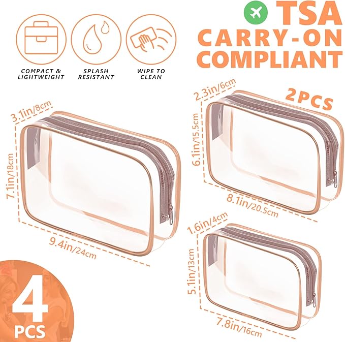 AURUZA 4 Pack Clear Toiletry Bag,Portable Travel Makeup Bags with Zipper, TSA Approved Clear Organizer Bags, PVC Cosmetic Pouch for Airport Airline Compliant (4 Packs Rose Pink)