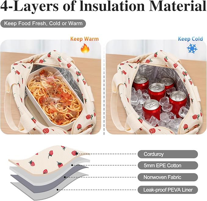 Lunch Bag Lunch Box for Women Adults Men, Cute Strawberry Corduroy Insulated Reusable Work Leakproof Simple Large Lunch Boxes Tote Bag Cooler Bag