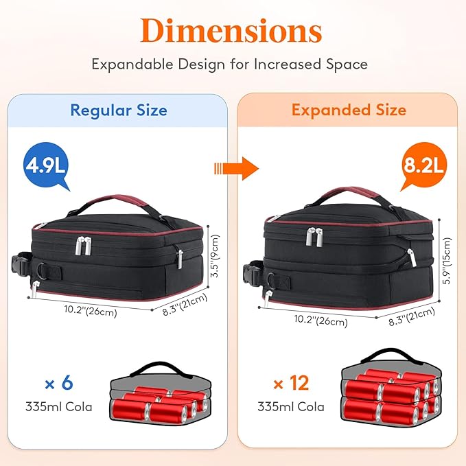 Lifewit Insulated Lunch Box for Men, Expandable Cooler Bag, Freezable Lunch Bag for Women with 2 Ice Packs and Shoulder Straps for Work Travel College, 8.2L Black and Red
