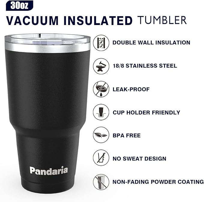 30 oz Travel Coffee Tumbler Cup, Double Wall Stainless Steel Reusable Spill Proof Tumbler with Straw, Leak Proof Insulated Tumbler with Straw for Iced Coffee, Tea & Water (Black)