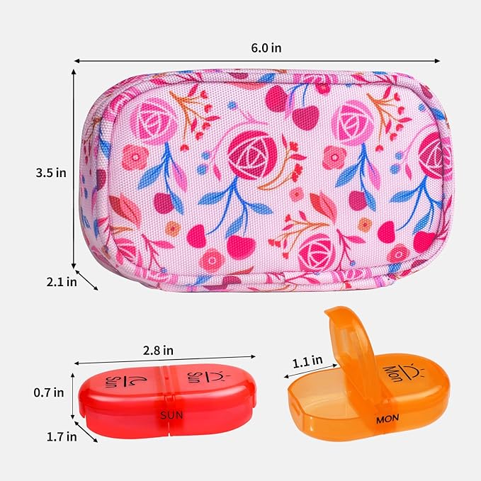 Serfeymi Weekly Travel Pill Organizer 2 Times A Day AM PM Upgraded Rainbow Pill Box 7 Day with Portable Zipper Canvas Pill Case, Medicine Organizer for Pills, Vitamins, Fish Oils - Pink 01