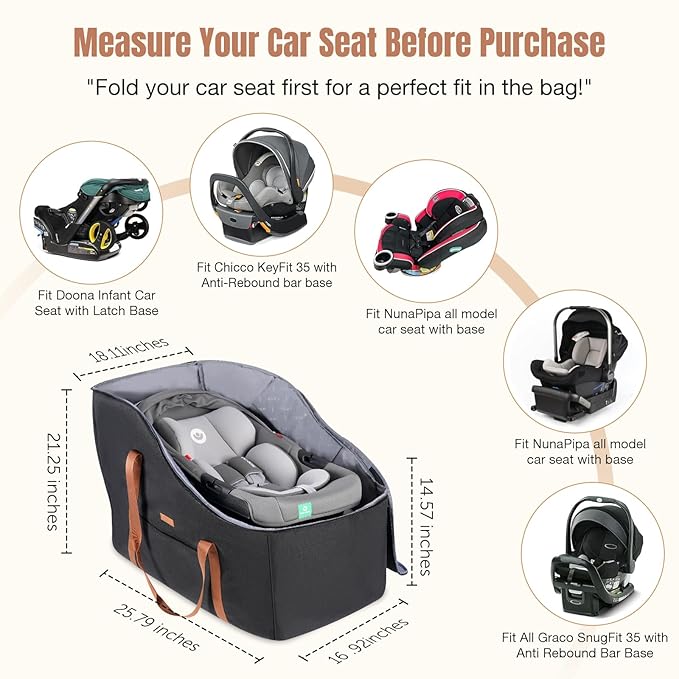 Infant Car Seat Travel Bag with Wheels Fits Chicco KeyFit 35, Doona Car Seat Stroller Base, Nuna Pipa, Padded Car Seat Bags for Airplane, Gate Check Bag, Removable Cover for Air Travel,Black-L