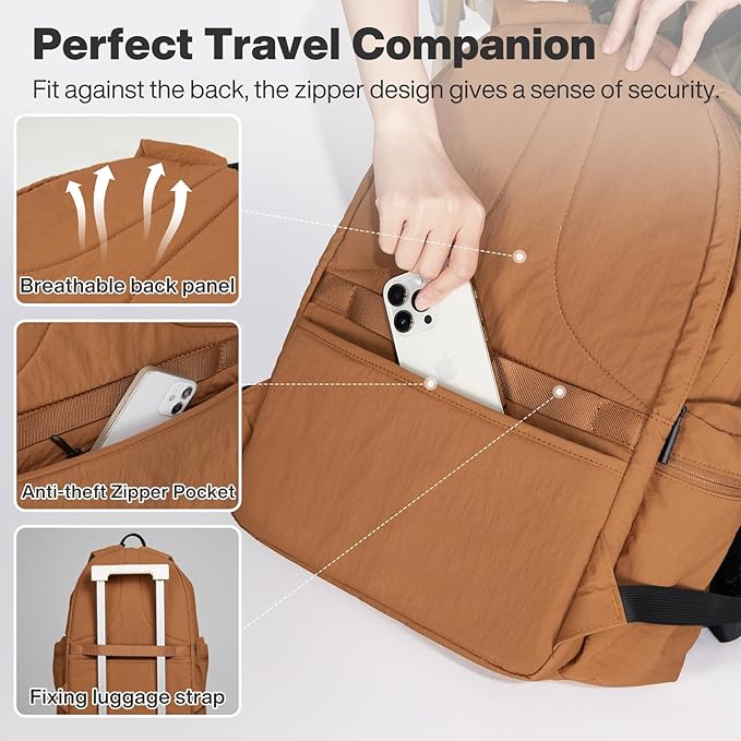 mixi Outdoor Lightweight Backpack Casual Carry On Laptop Backpack Travel Bookbag for Women Men, Water Resistant Durable Small Hiking Bag for Camping Weekender Sports College Work, 15 Inch, Brown