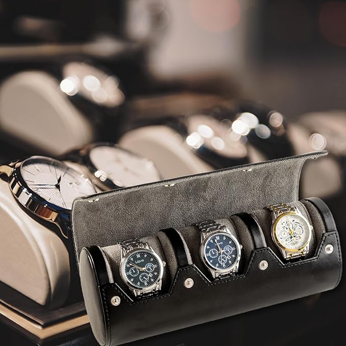 MR.OKAY 3 Watch Travel Case- Classic Leather Watch Case With Perfect Texture.Portable Watch Roll Or Organizer For Storage And Display. Luxury Gifts For Men, All Handmade by Artisans.
