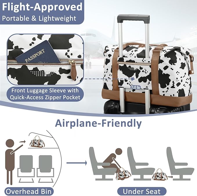 Travel Duffle Bag for Women, Weekender Bags, Hospital Bag for Labor Delivery, Lightweight Tote Duffel Overnight Bag with Luggage Sleeve, Airplane Travel Bags with Toiletry Bag, X-Large, Cow