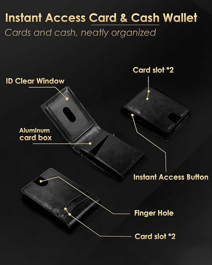 Wallet for Men - RFID Blocking [Functional & Practical] Bifold Slim Minimalist Credit Card Holder Pop Up Metal Case with Cash Slot, Front Pocket with ID Window, Gift Boxed (BLACK)