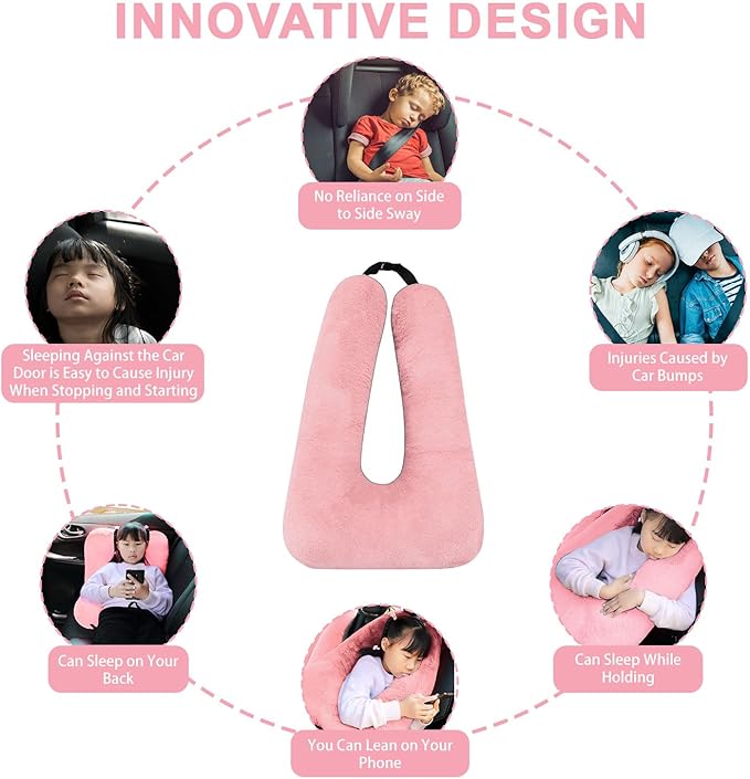 Travel Pillow, Travel Pillow for Kids, Sleeper Hold Pillow Travel, Removable U-Shaped Pillow for Adults and Children to Support Head and Body in The Back Seat of Long Car Trips (Pink and Gray)