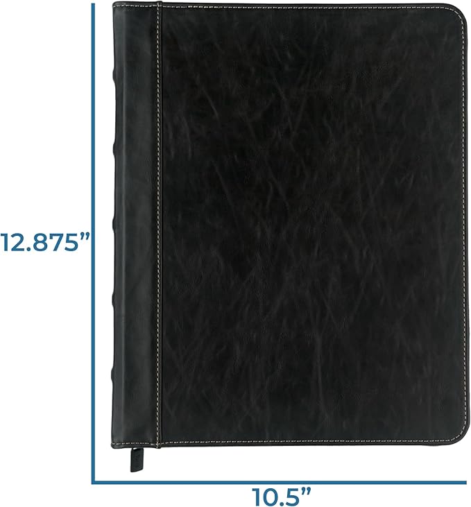 Samsill Vintage Leather Binder, Zippered, 1 Inch Round Ring, Letter Size 8.5x11 Documents, Contrast Stitching, Professional Organizer Portfolio, Planner, Black