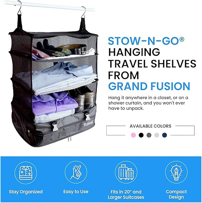 Grand Fusion Stow-N-Go Travel Luggage Organizer – Portable Hanging Travel Shelves, Carry-On Closet Organizer, Hanging Packing Cubes, Collapsible Carry-On Organizer for Cruises & Hotels. Black - XL