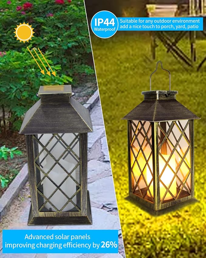 SHYMERY Solar Lantern,Outdoor Garden Hanging Lanterns,2 Pack 14 Inch Lasts 3X Longer 10 lumens Waterproof LED Flickering Flameless Candle Mission Lights for Table,Outdoor,Party Decorative